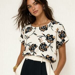 MELLODAY Cream Floral Short-Sleeve Blouse with Black & Tan Flowers
